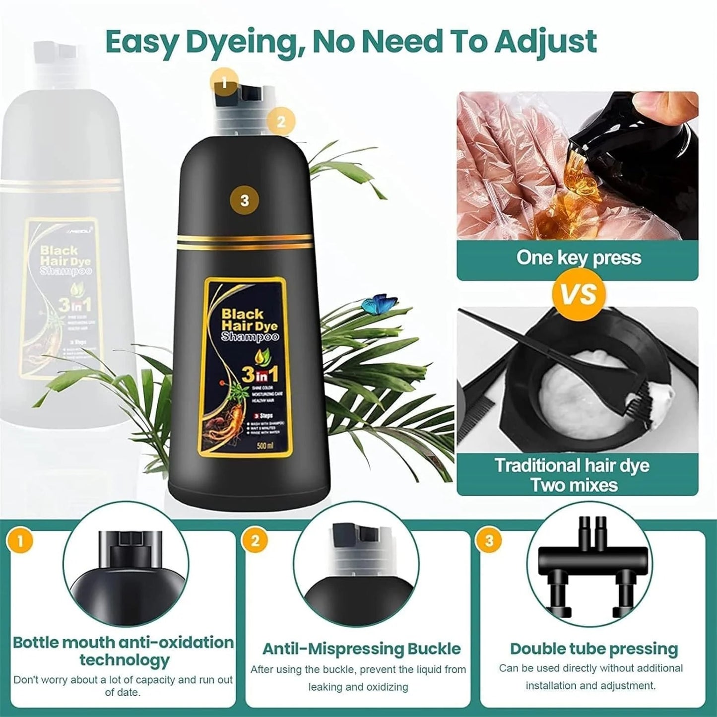 (BUY 1 GET 1 FREE) EverBlack® - 3 in 1 Natural Black Hair Dye Shampoo